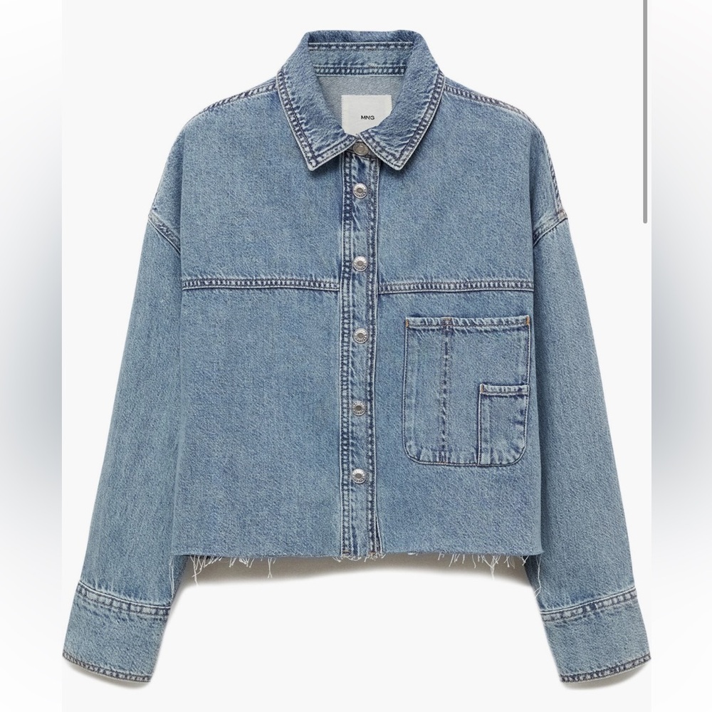 Mango Frayed Hem Cropped Denim Overshirt